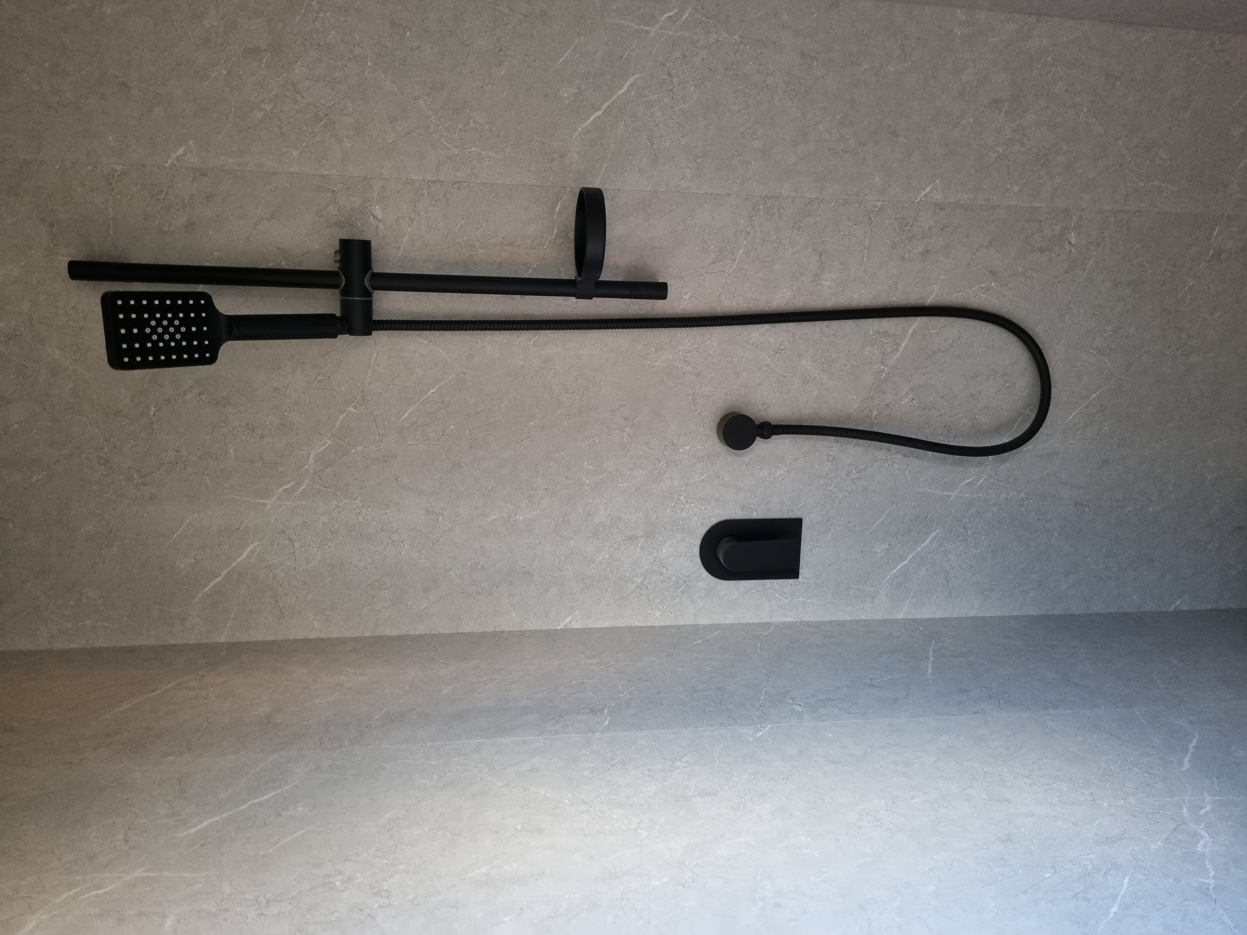 Shower walls in and bathroom fixtures installed